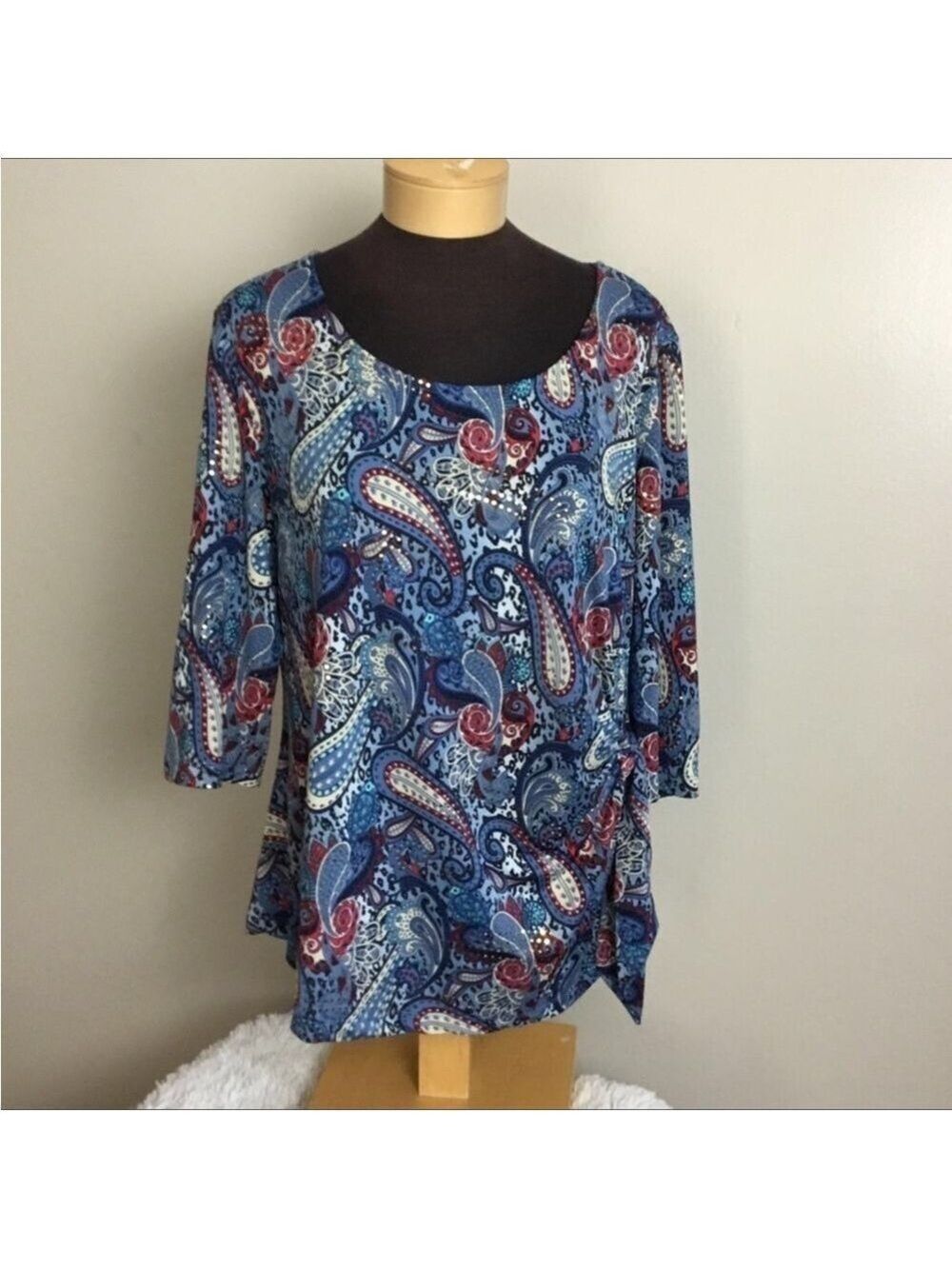 HABAND Salon Studio blouse Woman’s XLP paisley pleated side tie gold shi…